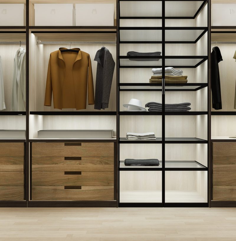 3d rendering minimal scandinavian wood walk in closet with wardrobe
