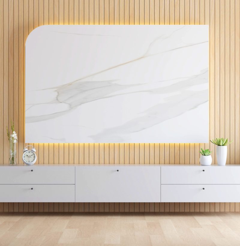 Marble on wall in living room interior for mock up , 3D rendering